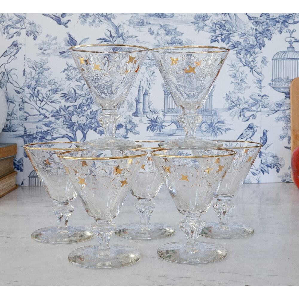 VTG 50s Libbey Royal Fern Cocktail Glasses Set of 7 Retro MCM Champagne Barware